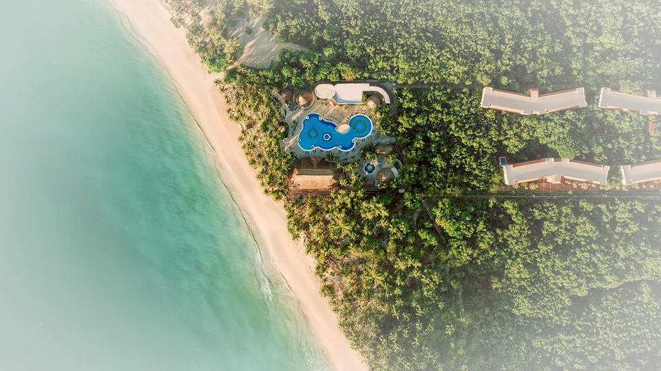 Top-down aerial: beach and turquoise sea on the left, a freeform pool complex with palapa roofs at the edge of the sand, and low terracotta-roofed buildings set in dense jungle. No cenote is visible despite the file name. Identical to media/originals/hotels/catalonia-royal-tulum/hero.jpg and consistent with the official aerial.